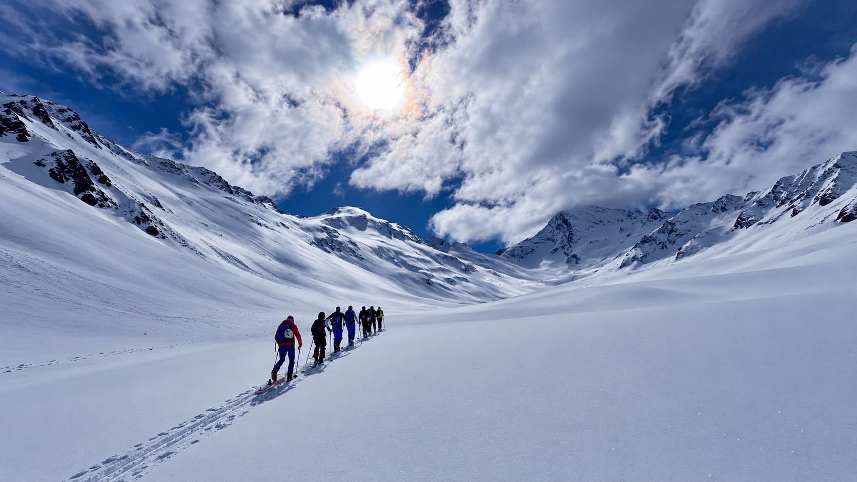 Ski tourers ascending towards Ferwalljoch above Obergurgl