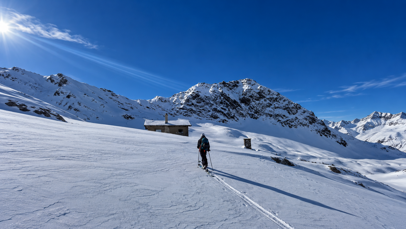 Ski tourer ascending towards Königsjoch near Obergurgl