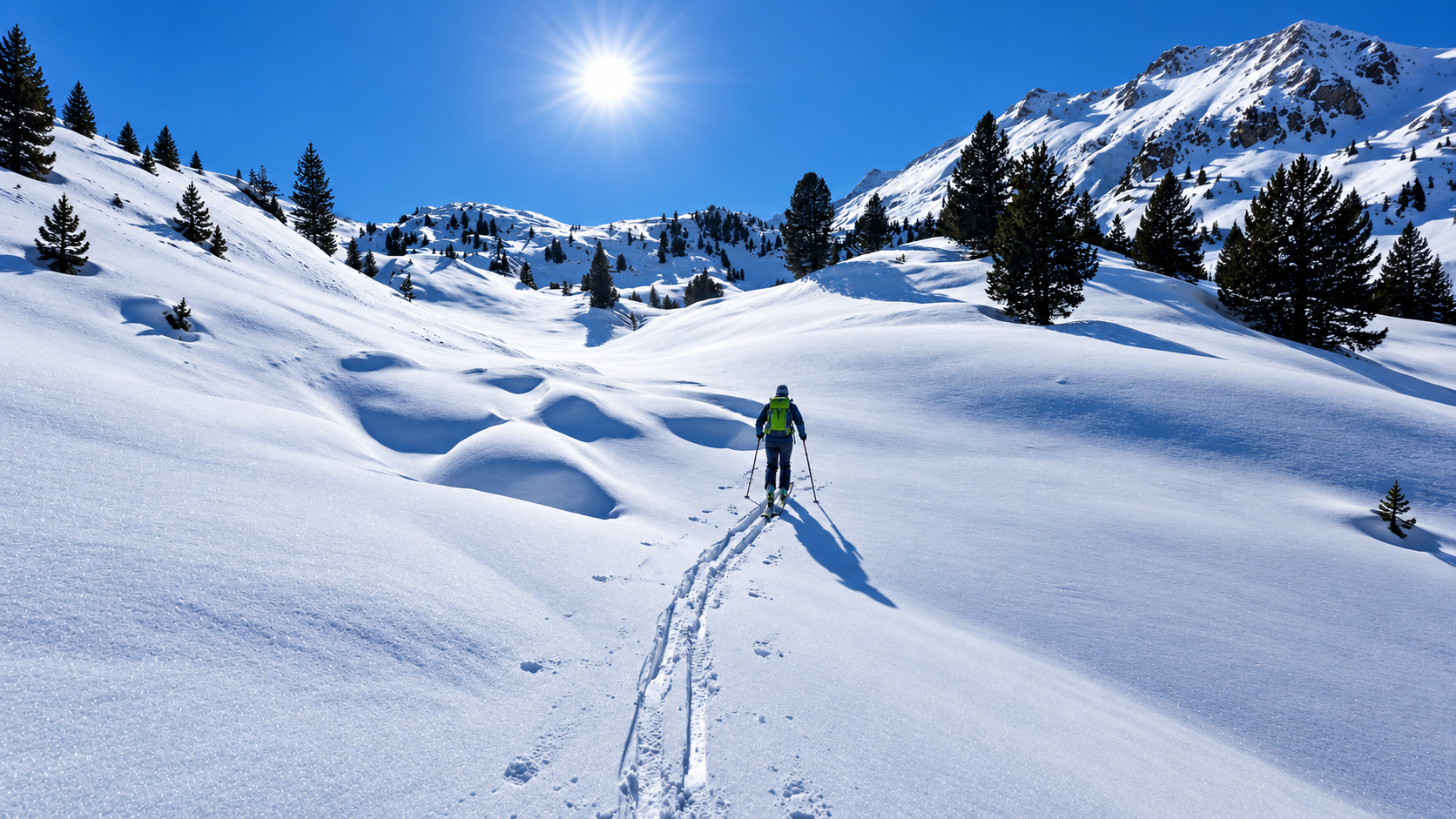 Ski tourer ascending through the snow-covered stone-pine landscape near Schönwieskopf