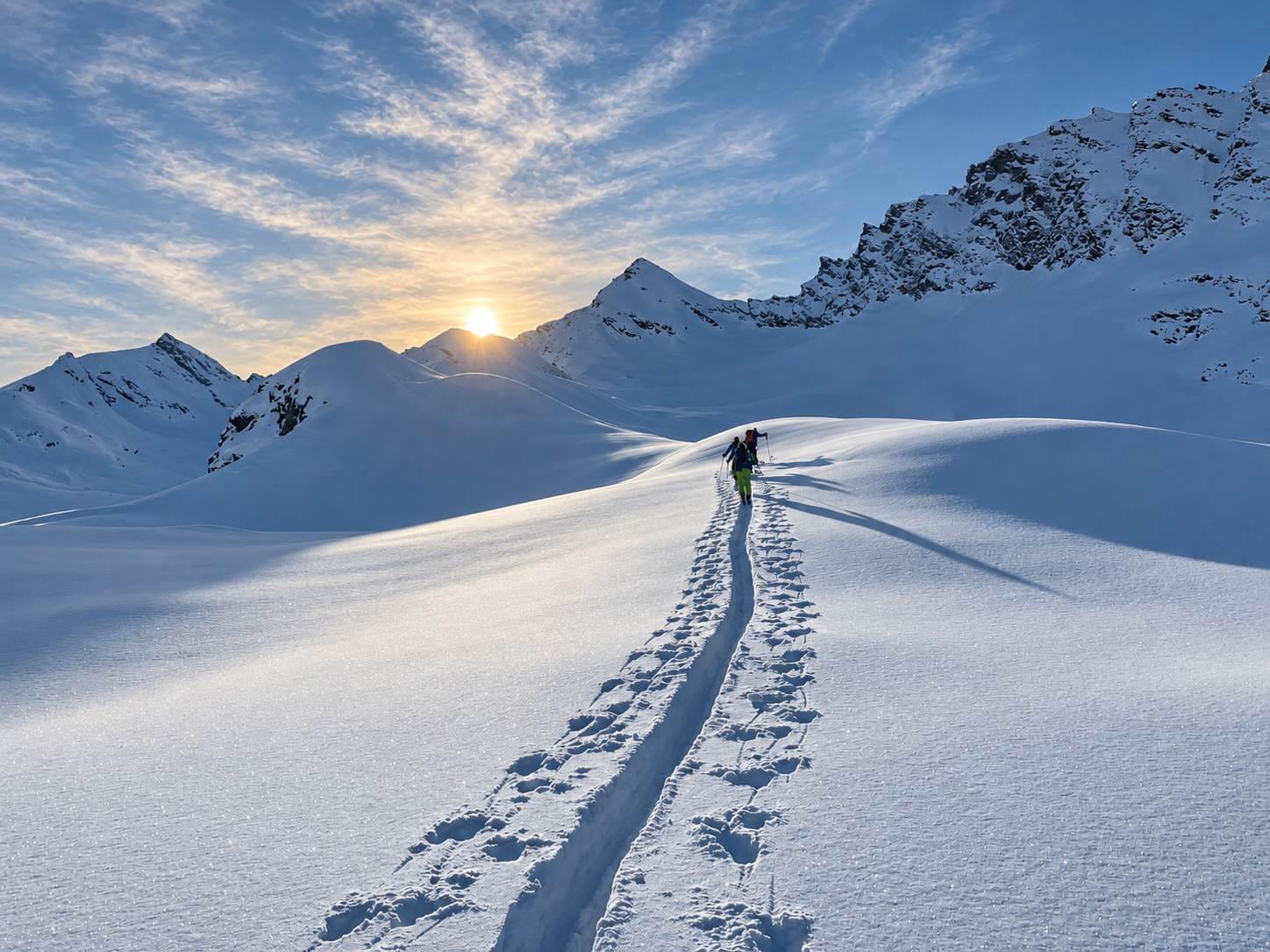 Ski tourers following a skin track toward Eisseekögele at sunrise
