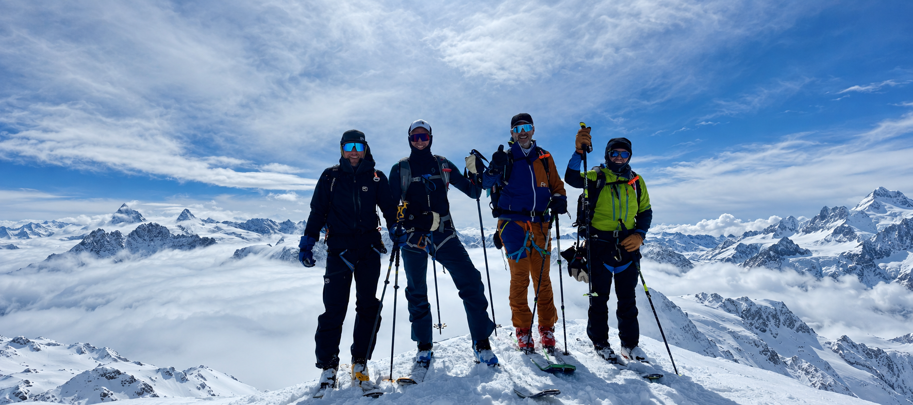Private ski touring group on a high alpine summit