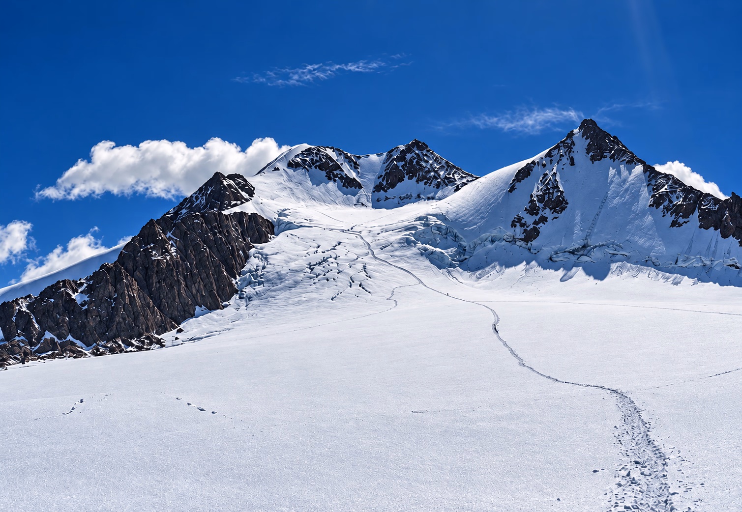 Wildspitze and the Taschachferner beneath a bright alpine sun